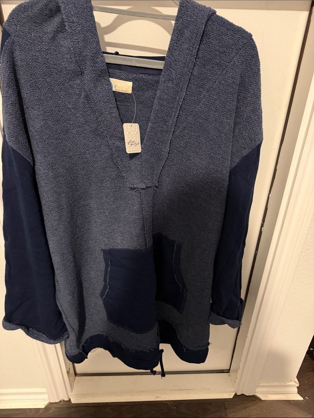 Free People Two-Tone Navy V-Neck Hooded Pullover
